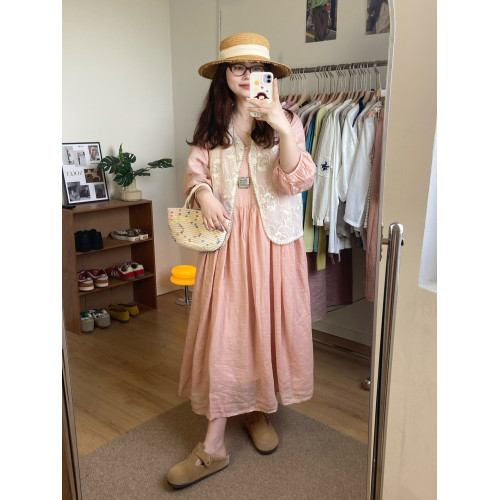 拾光者 日系簡約慵懶風藕粉色苧麻連衣裙女 寬松顯瘦溫柔復古長裙