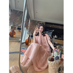 曼迪媽 真絲桑蠶絲亞麻提花設計感圓領寬鬆短袖連衣裙長裙女夏新