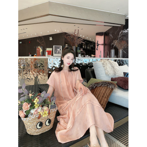 曼迪媽 真絲桑蠶絲亞麻提花設計感圓領寬鬆短袖連衣裙長裙女夏新