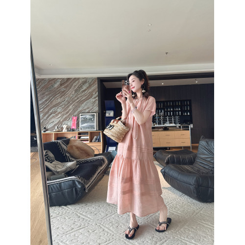 曼迪媽 真絲桑蠶絲亞麻提花設計感圓領寬鬆短袖連衣裙長裙女夏新