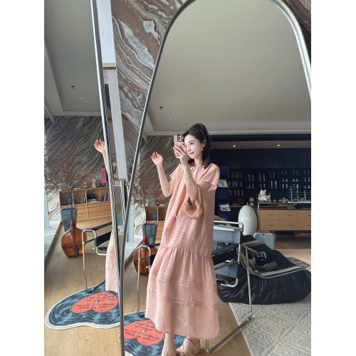 曼迪媽 真絲桑蠶絲亞麻提花設計感圓領寬鬆短袖連衣裙長裙女夏新