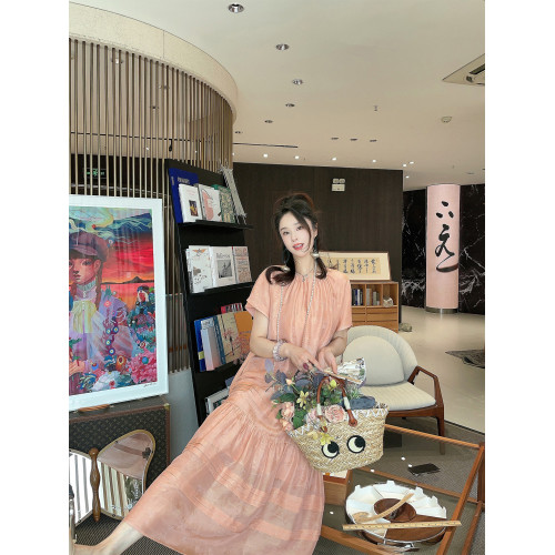 曼迪媽 真絲桑蠶絲亞麻提花設計感圓領寬鬆短袖連衣裙長裙女夏新