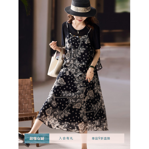 素木拼接印花雪紡連衣裙女2025年夏季新款寬松裙子歐洲站大碼女裝