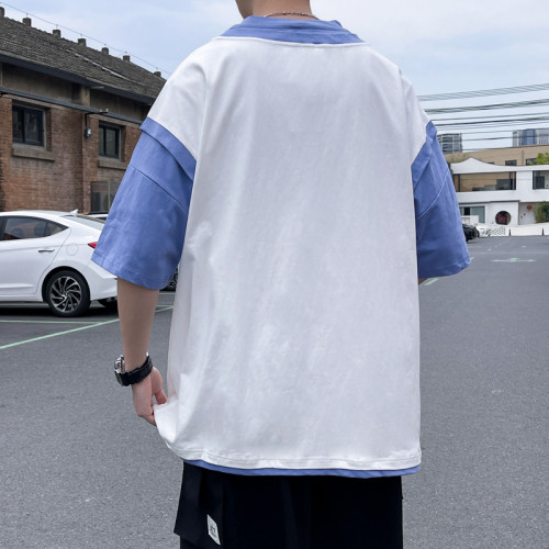 夏季風潮牌男T恤假兩件短袖潮流百搭休閒寬松純色日系圓領男上衣