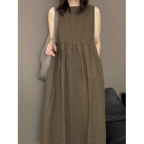 日系氣質復古格紋長款棉麻連衣裙女2025夏季簡單大方顯瘦背心裙子