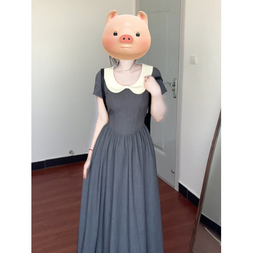 法式娃娃領灰色收腰連衣裙子女裝夏季2025新款小個子夏日絕美長裙