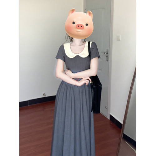 法式娃娃領灰色收腰連衣裙子女裝夏季2025新款小個子夏日絕美長裙