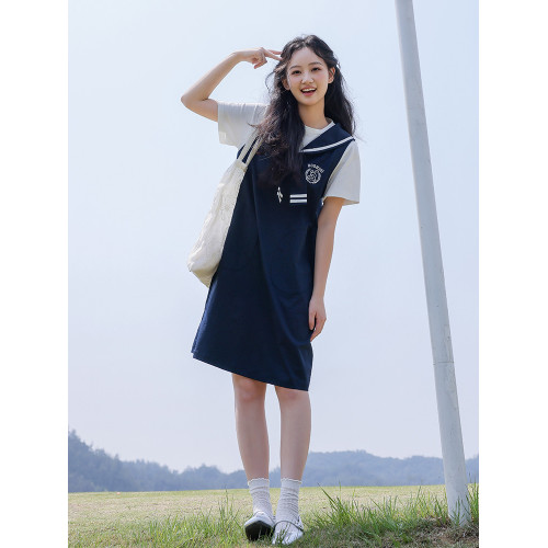 初中學生連衣裙夏裝2025新款少女海軍領學院風假兩件高中女生裙子