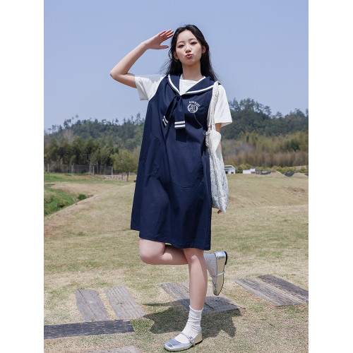 初中學生連衣裙夏裝2025新款少女海軍領學院風假兩件高中女生裙子