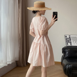短袖連衣裙女夏2025新款法式串珠泡泡袖抽繩顯瘦高級感中長款裙子