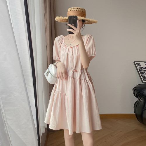 短袖連衣裙女夏2025新款法式串珠泡泡袖抽繩顯瘦高級感中長款裙子