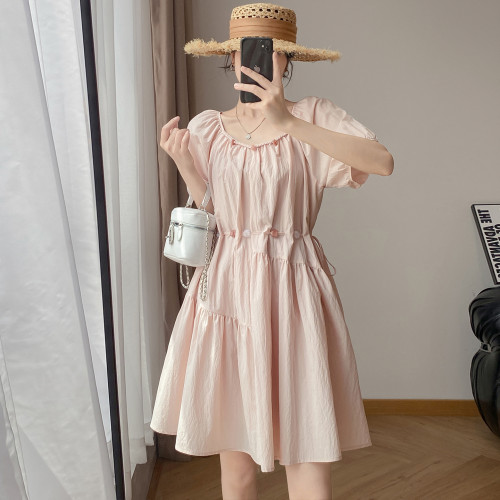 短袖連衣裙女夏2025新款法式串珠泡泡袖抽繩顯瘦高級感中長款裙子