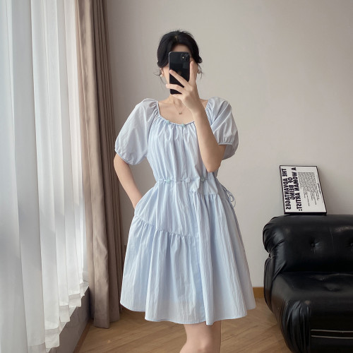 短袖連衣裙女夏2025新款法式串珠泡泡袖抽繩顯瘦高級感中長款裙子