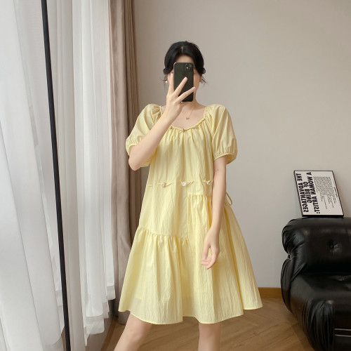 短袖連衣裙女夏2025新款法式串珠泡泡袖抽繩顯瘦高級感中長款裙子