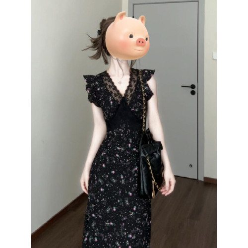 法式小飛袖黑色v領碎花連衣裙子女夏季2025新款夏日絕美蕾絲長裙