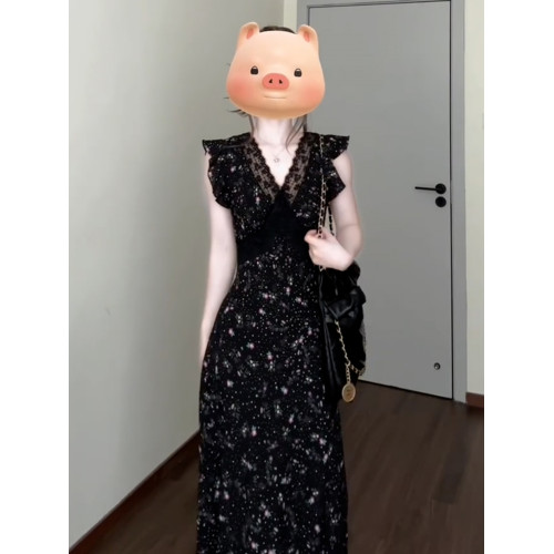 法式小飛袖黑色v領碎花連衣裙子女夏季2025新款夏日絕美蕾絲長裙