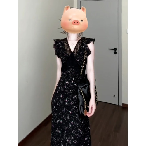 法式小飛袖黑色v領碎花連衣裙子女夏季2025新款夏日絕美蕾絲長裙