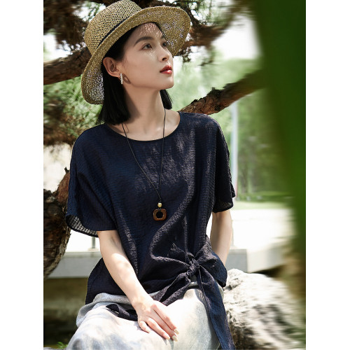 丨霧藍詩牋-雲隱系列丨方格提花透氣天絲亞麻連衣裙小衫半身裙