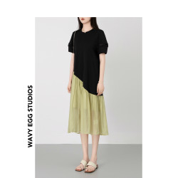 WAVY EGG波浪蛋 設計感拼接連衣裙女2025夏季新款撞色泡泡袖t恤裙