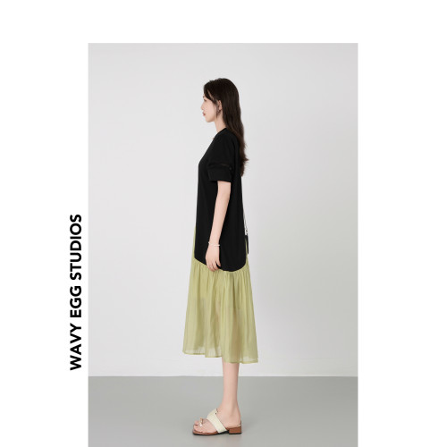 WAVY EGG波浪蛋 設計感拼接連衣裙女2025夏季新款撞色泡泡袖t恤裙