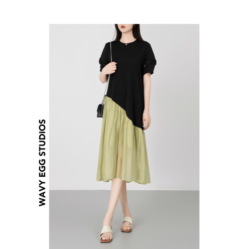 WAVY EGG波浪蛋 設計感拼接連衣裙女2025夏季新款撞色泡泡袖t恤裙