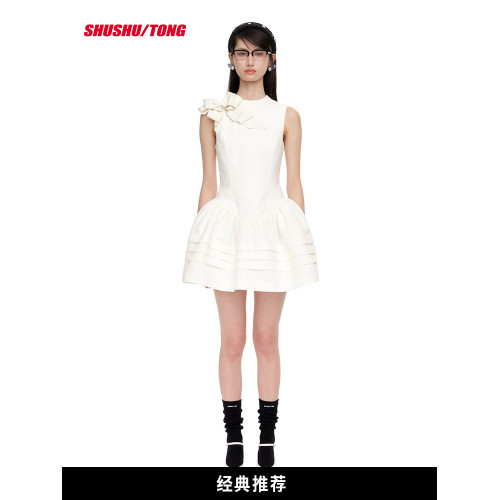【SHUSHUTONG】2025夏季新款女款時尚優雅領側蝴蝶結裝飾連衣裙