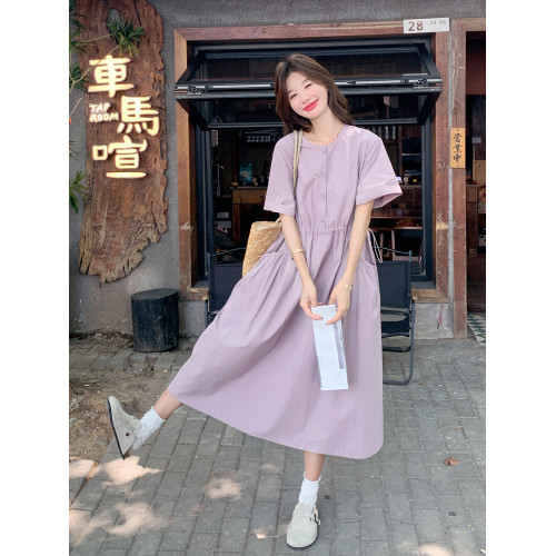 文藝慵懶風紫色連衣裙女夏季2025新款高腰遮肚子顯瘦休閒百搭長裙