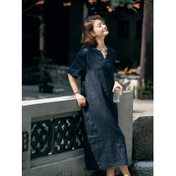 小耳出品 芨簡の神 酵洗100.%亞麻/內包縫工藝 V領短袖連衣裙女