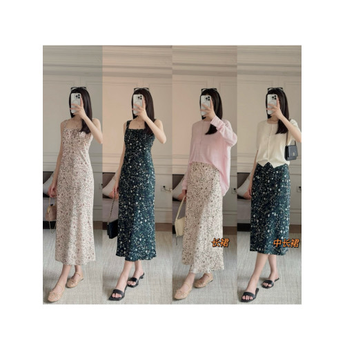 跳轉新店拍南法少女清新手繪碎花吊帶方領連衣裙+高腰A字魚尾半裙