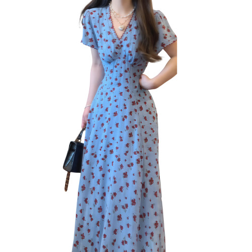 法式v領藍色碎花短袖連衣裙子女夏季2025新款巨好看收腰顯瘦長裙
