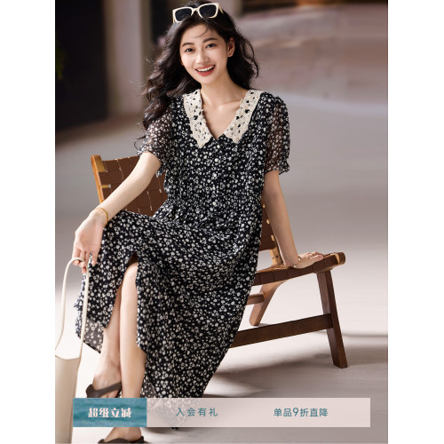 素木碎花收腰雪紡連衣裙女2025年夏季新款寬松裙子歐洲站大碼女裝