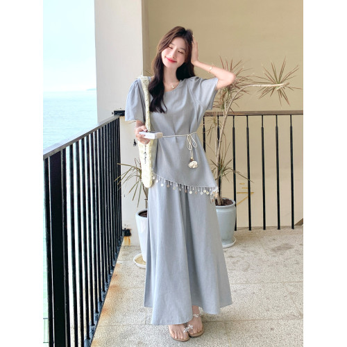 藍色法式度假風穿搭連衣裙女夏季新款高級感流蘇上衣假兩件長裙子