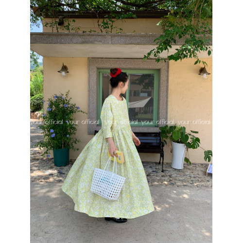 小春日和 法式復古碎花方領連衣裙寬松隨意百褶大擺量長裙女