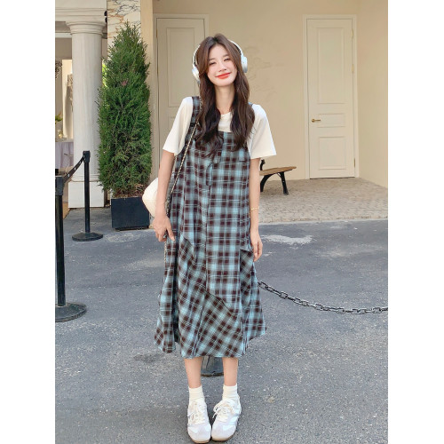 假兩件格紋拼接連衣裙女2025年夏季新款韓系流行超火小個子T恤裙