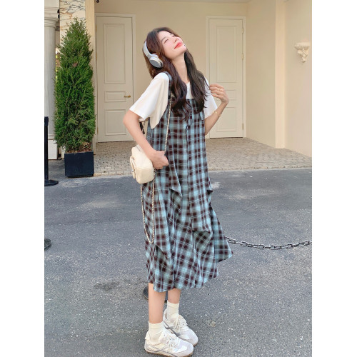 假兩件格紋拼接連衣裙女2025年夏季新款韓系流行超火小個子T恤裙