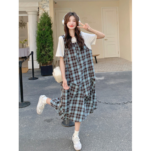假兩件格紋拼接連衣裙女2025年夏季新款韓系流行超火小個子T恤裙