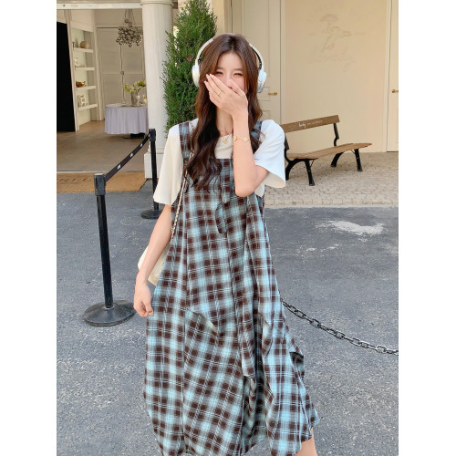 假兩件格紋拼接連衣裙女2025年夏季新款韓系流行超火小個子T恤裙