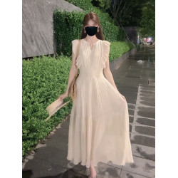 法式時尚高腰褶皺收腰顯瘦氣質白月光無袖連衣裙夏季小衆V領長裙