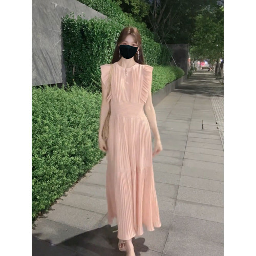法式時尚高腰褶皺收腰顯瘦氣質白月光無袖連衣裙夏季小衆V領長裙