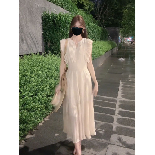 法式時尚高腰褶皺收腰顯瘦氣質白月光無袖連衣裙夏季小衆V領長裙