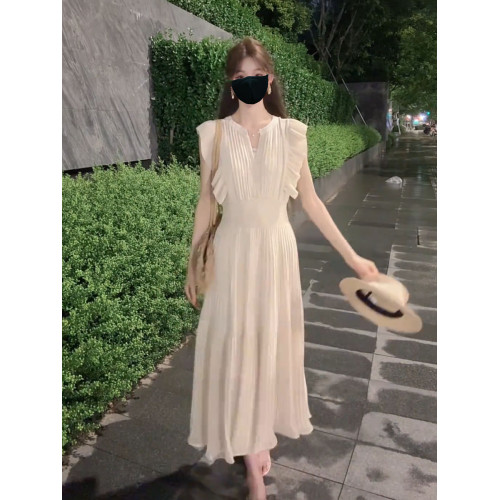 法式時尚高腰褶皺收腰顯瘦氣質白月光無袖連衣裙夏季小衆V領長裙