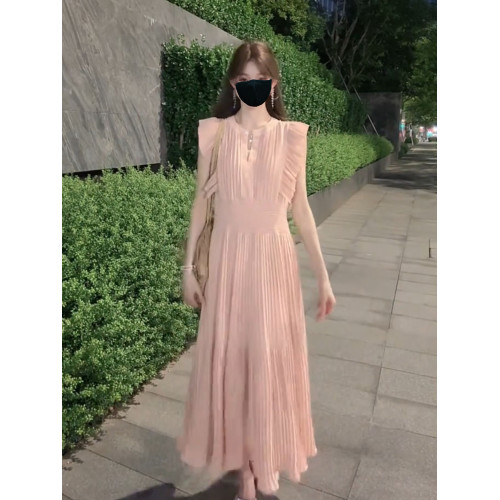 法式時尚高腰褶皺收腰顯瘦氣質白月光無袖連衣裙夏季小衆V領長裙