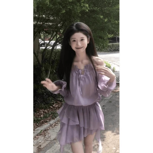 一字領防曬低腰露肩微透連衣裙女2025年夏季溫柔系洋氣紫色短裙子
