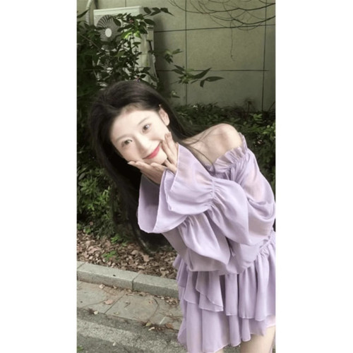 一字領防曬低腰露肩微透連衣裙女2025年夏季溫柔系洋氣紫色短裙子