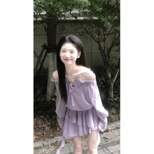 一字領防曬低腰露肩微透連衣裙女2025年夏季溫柔系洋氣紫色短裙子