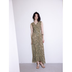 ICTS  油畫藝術感綠圖案圍裹式 綁帶氣質長裙v領顯身材連衣裙夏女