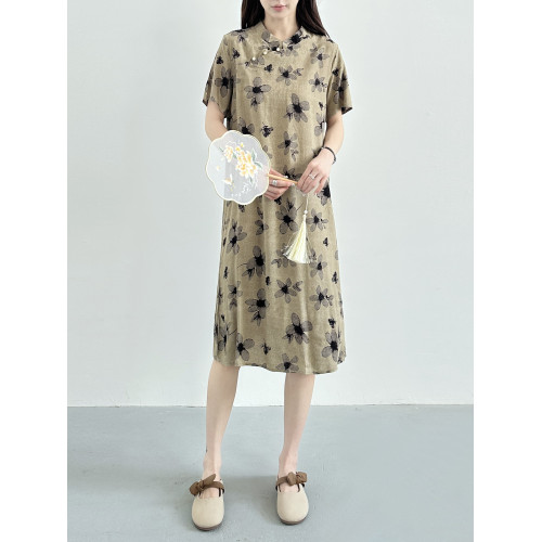 2025年夏新款棉綢時尚百搭旗袍裙女寬松顯瘦百搭國風人造棉連衣裙