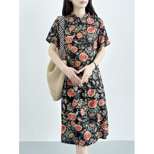 2025年夏新款棉綢時尚百搭旗袍裙女寬松顯瘦百搭國風人造棉連衣裙