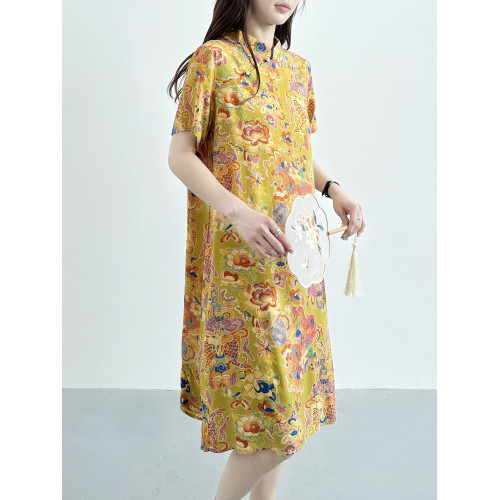 2025年夏新款棉綢時尚百搭旗袍裙女寬松顯瘦百搭國風人造棉連衣裙