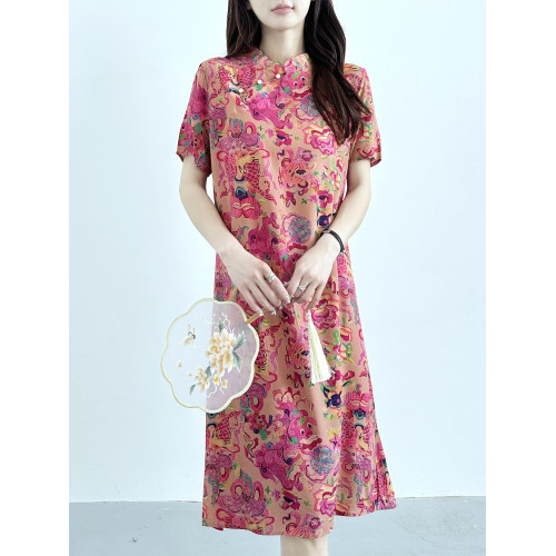 2025年夏新款棉綢時尚百搭旗袍裙女寬松顯瘦百搭國風人造棉連衣裙